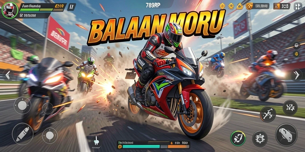 Screenshot gameplay 789RP menampilkan balapan motor yang mendebarkan dan trek yang menantang.