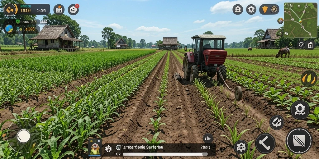 Tampilan gameplay seru dalam F08 dengan kebun yang indah.