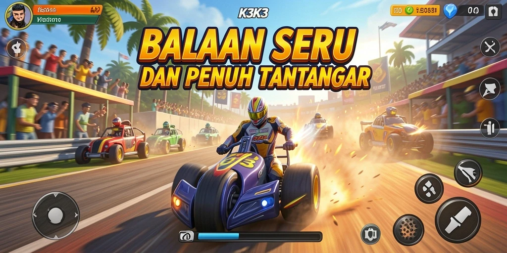 Screenshot utama K3K3 yang menampilkan aksi balapan seru.