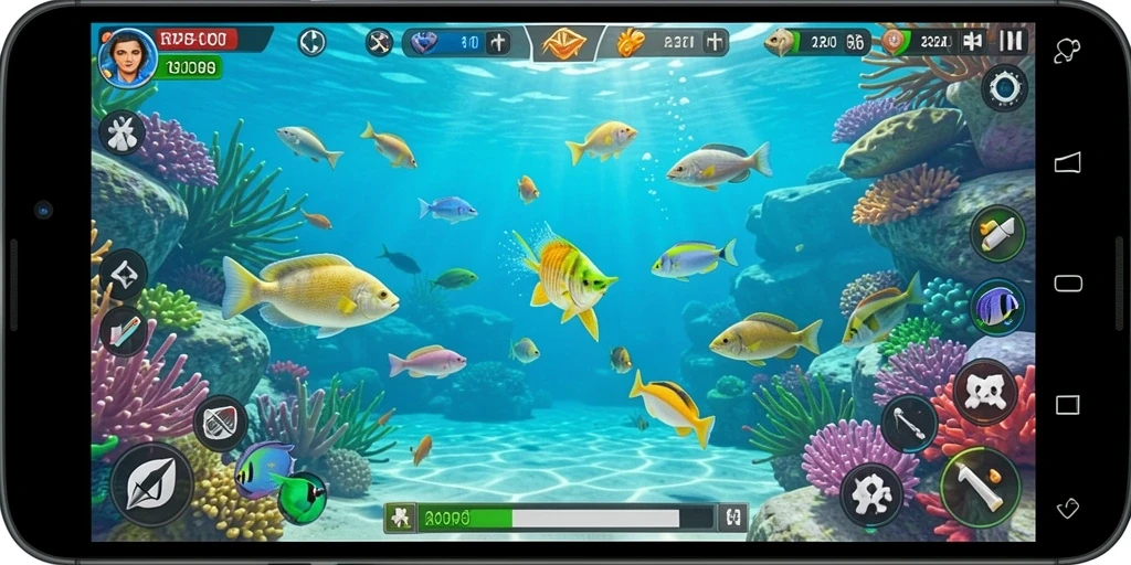 Tampilan gameplay RP8 saat menangkap ikan dengan berbagai efek menarik.