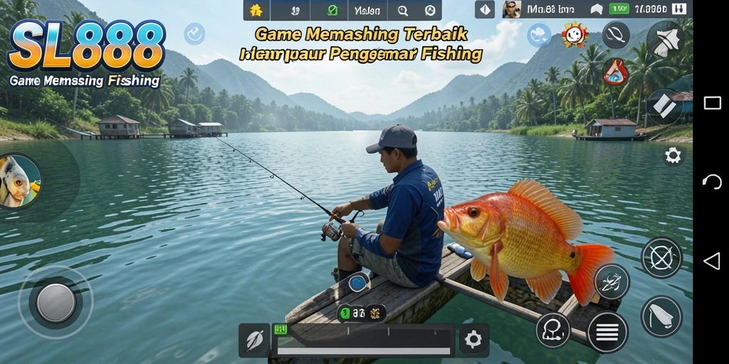 Screenshot gameplay SL888 dengan aksi memancing seru di laut.